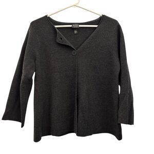 Eileen Fisher Petite Dark Grey 100% Merino Wool 2 Button Cardigan Sweater LP